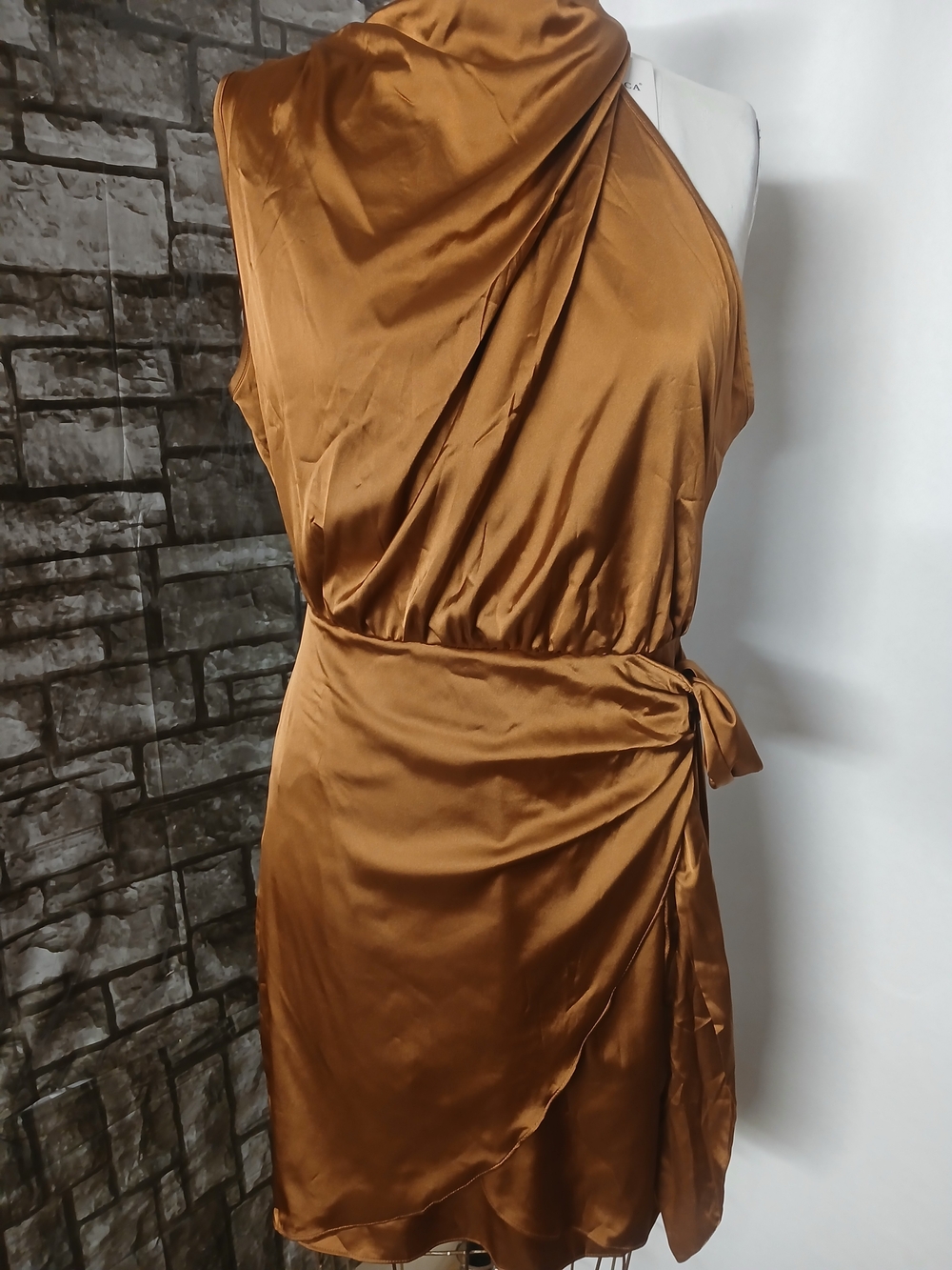 KOne-Shoulder Satin Wrap Dress in Copper Brown